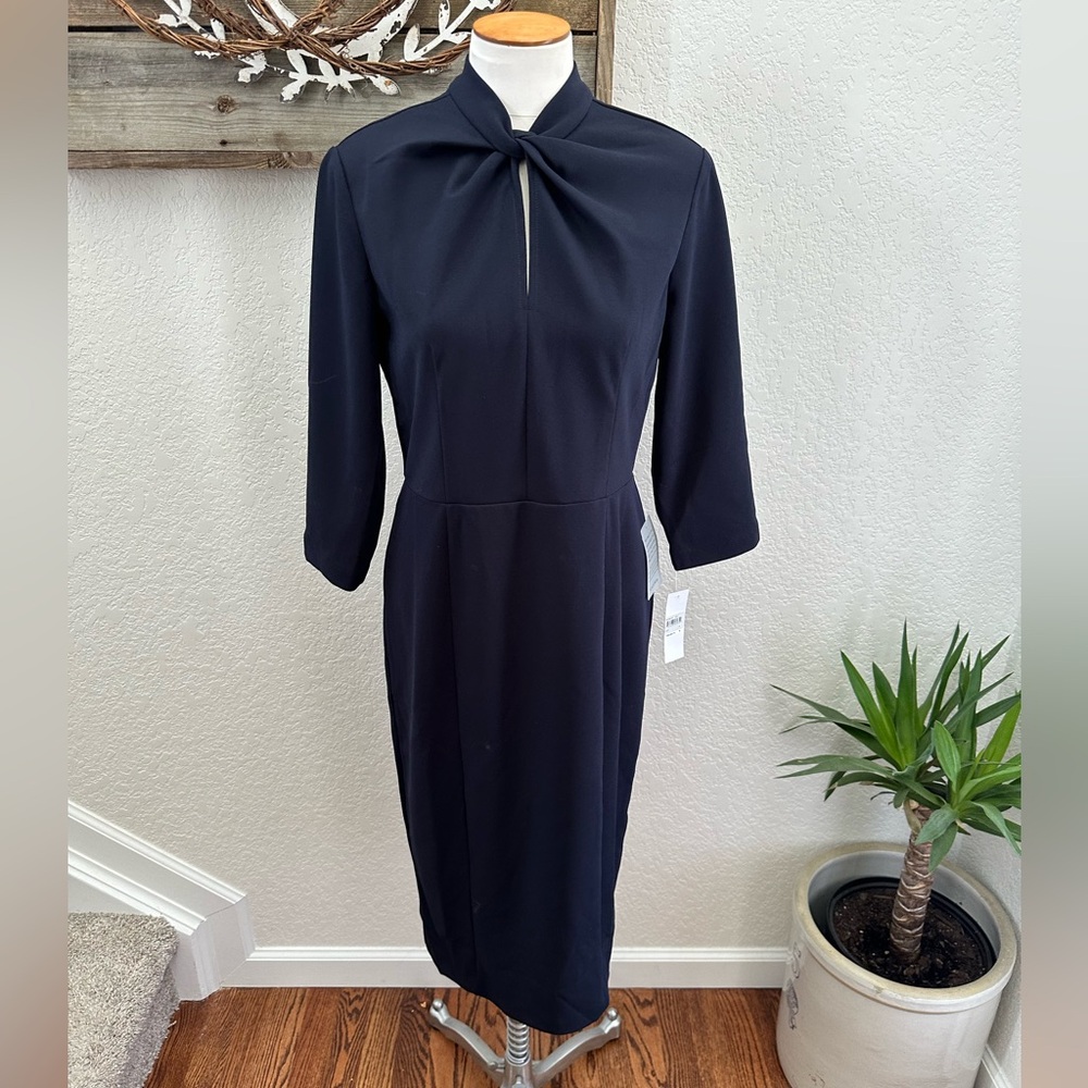 Donna Morgan navy blue stretch knit modest dress ladies size 8 NWT